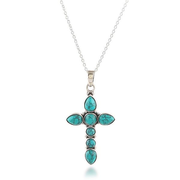 Alternate image for Cross-Shaped Reconstituted Turquoise Stone Pendant Necklace Sacred Paradise