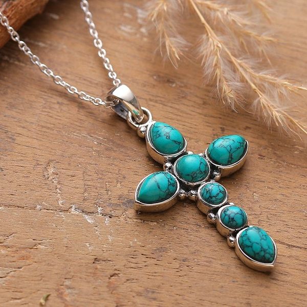 Alternate image for Cross-Shaped Reconstituted Turquoise Stone Pendant Necklace Sacred Paradise
