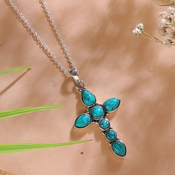 Alternate image for Cross-Shaped Reconstituted Turquoise Stone Pendant Necklace Sacred Paradise