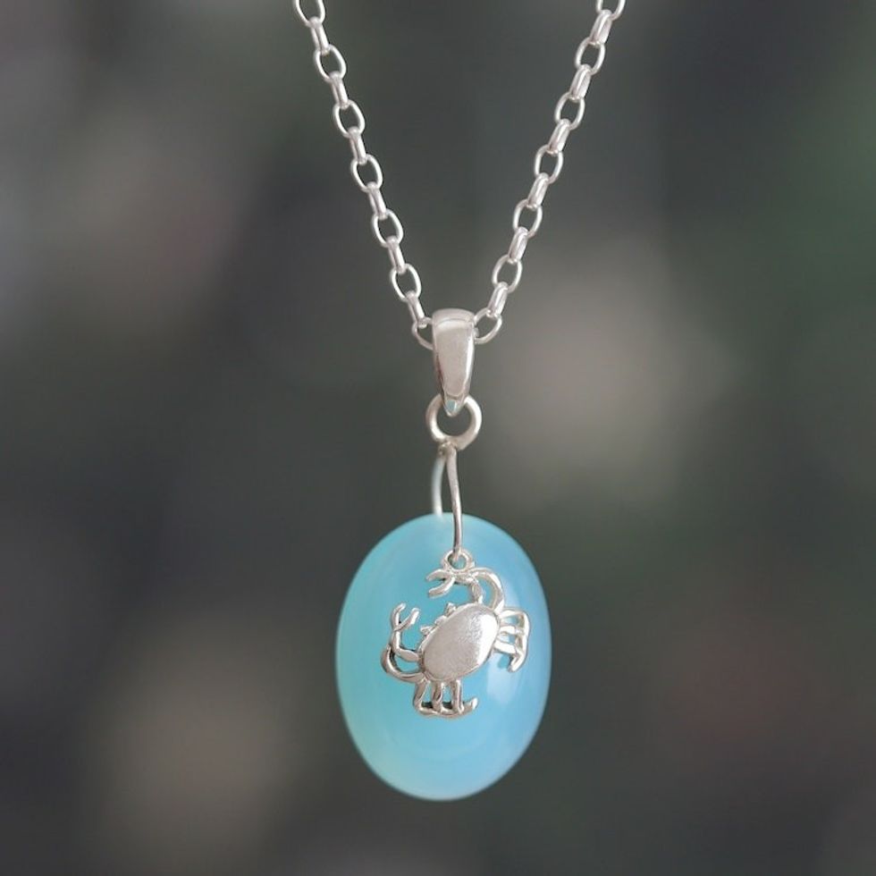 Crab-Themed Chalcedony and Sterling Silver Pendant Necklace 'Harmonious Tides'