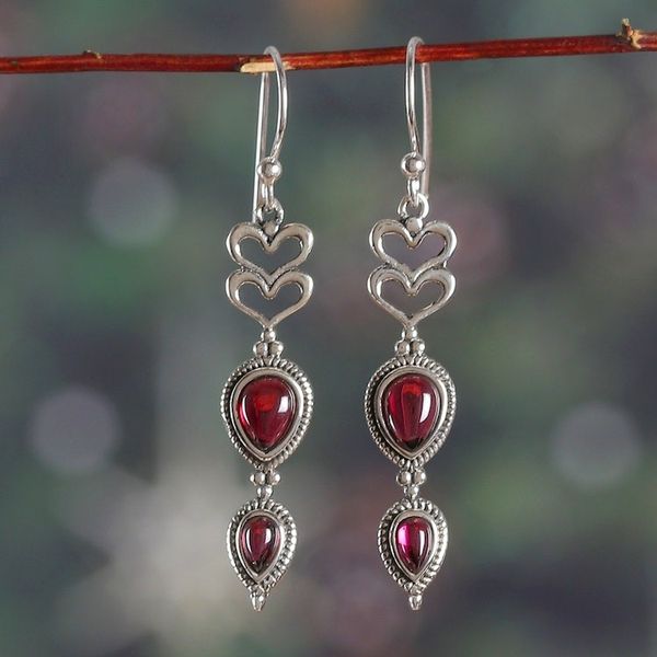 Alternate image for Romantic Heart-Themed Natural Garnet Stone Dangle Earrings Supreme Romance