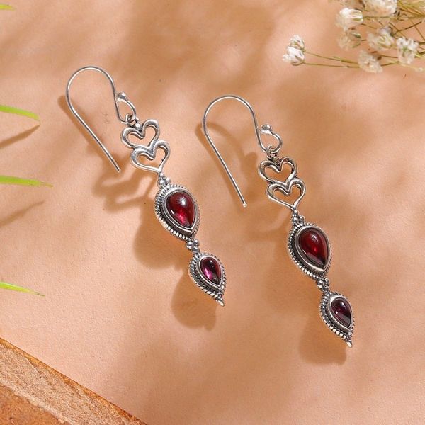 Alternate image for Romantic Heart-Themed Natural Garnet Stone Dangle Earrings Supreme Romance