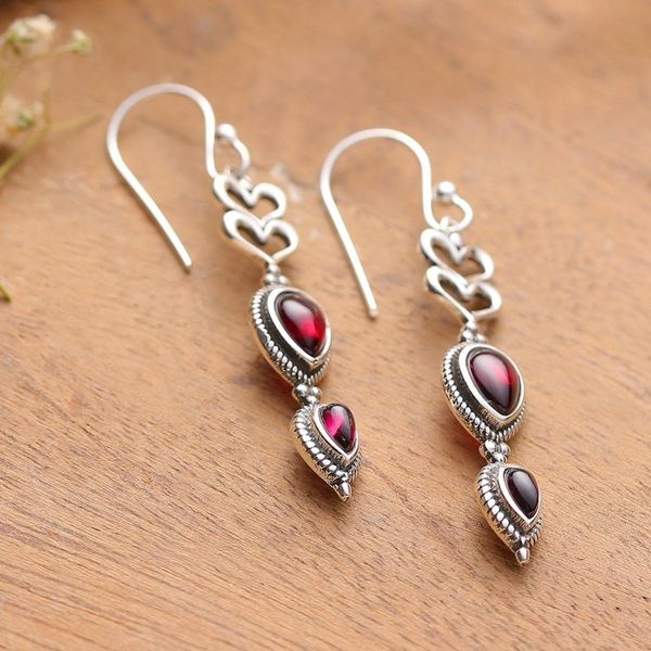 Alternate image for Romantic Heart-Themed Natural Garnet Stone Dangle Earrings Supreme Romance