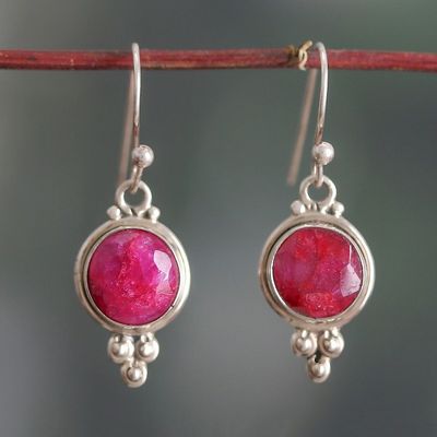 Alternate image for Silver Dangle Earrings with Faceted Ruby Gems from India Classic Vibrancy
