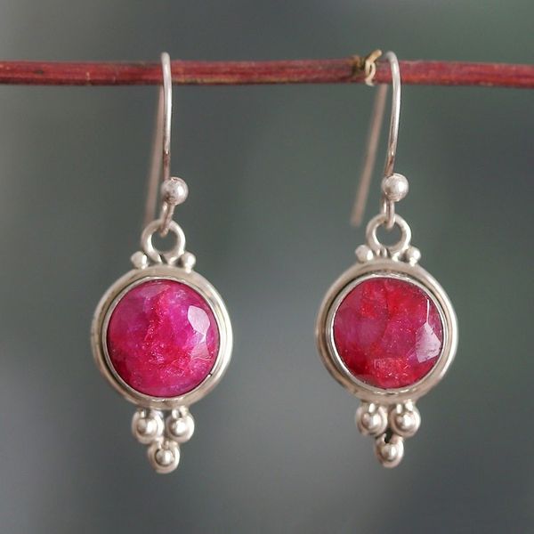 Alternate image for Silver Dangle Earrings with Faceted Ruby Gems from India Classic Vibrancy