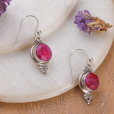 Alternate image for Silver Dangle Earrings with Faceted Ruby Gems from India Classic Vibrancy