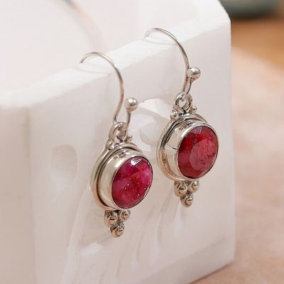 Alternate image for Silver Dangle Earrings with Faceted Ruby Gems from India Classic Vibrancy