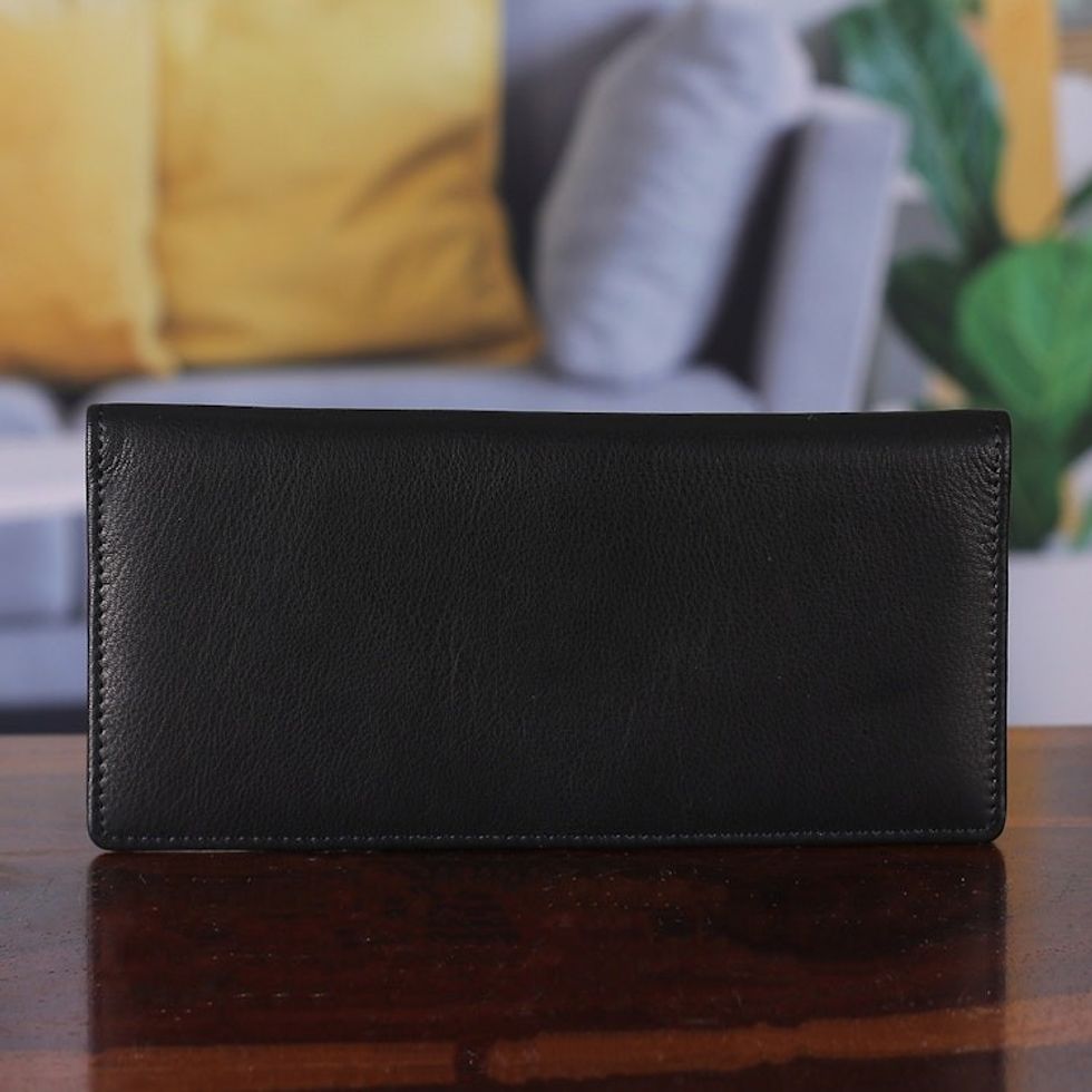 16 Card Slots 2 Acrylic Windows Bifold Black Leather Wallet 'Trendy Black'