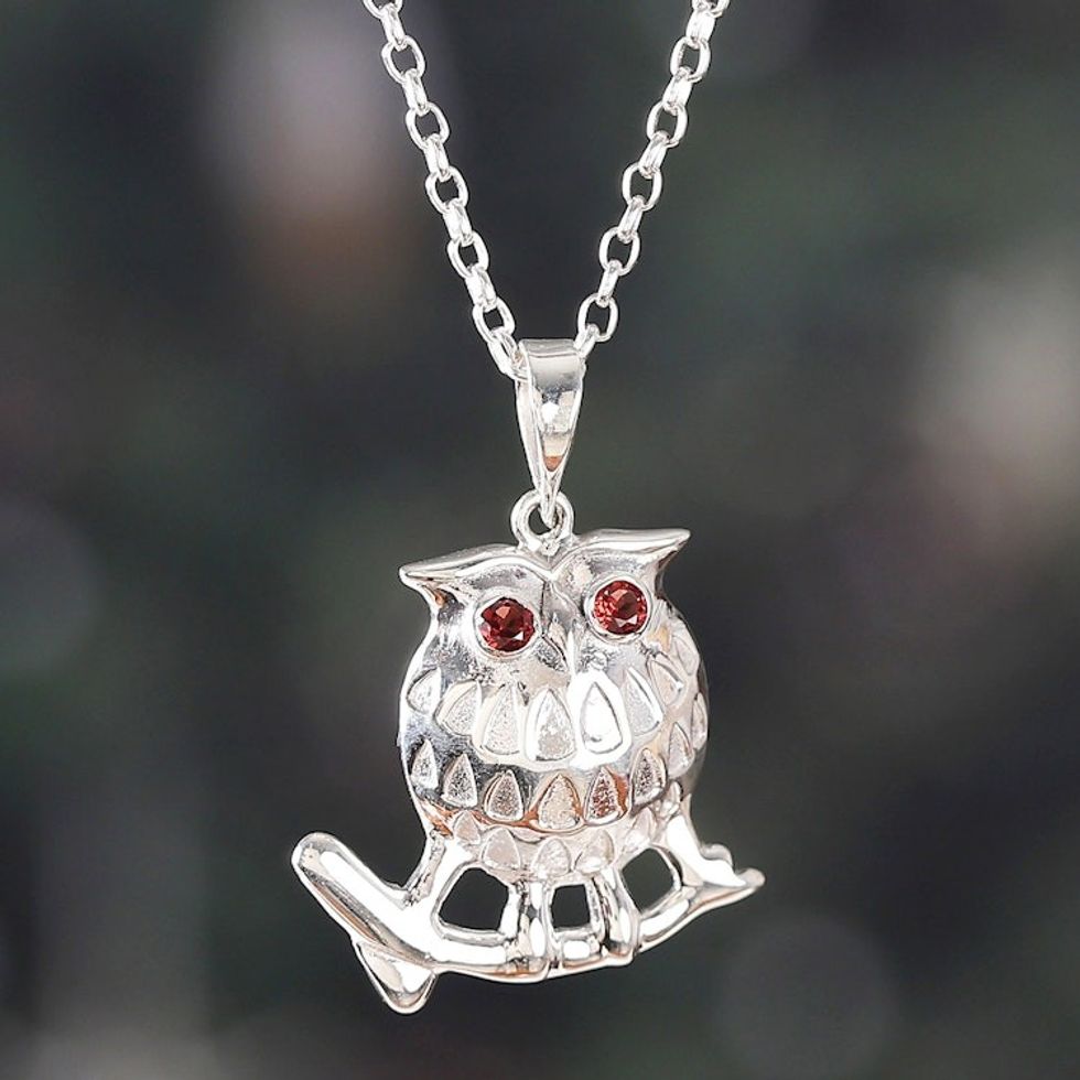 Owl-Themed Sterling Silver and Round Garnet Pendant Necklace 'Owl of Passion'