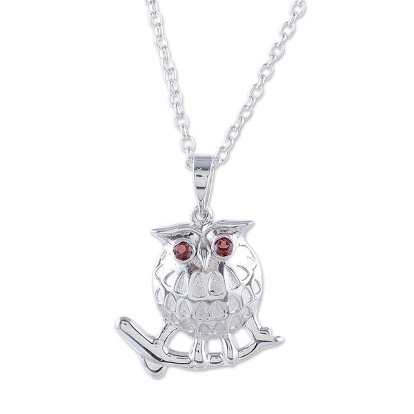 Alternate image for Owl-Themed Sterling Silver and Round Garnet Pendant Necklace Owl of Passion