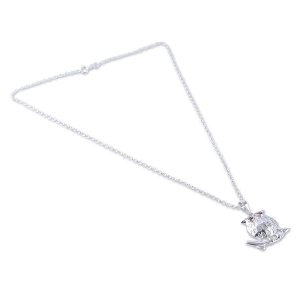 Alternate image for Owl-Themed Sterling Silver and Round Garnet Pendant Necklace Owl of Passion