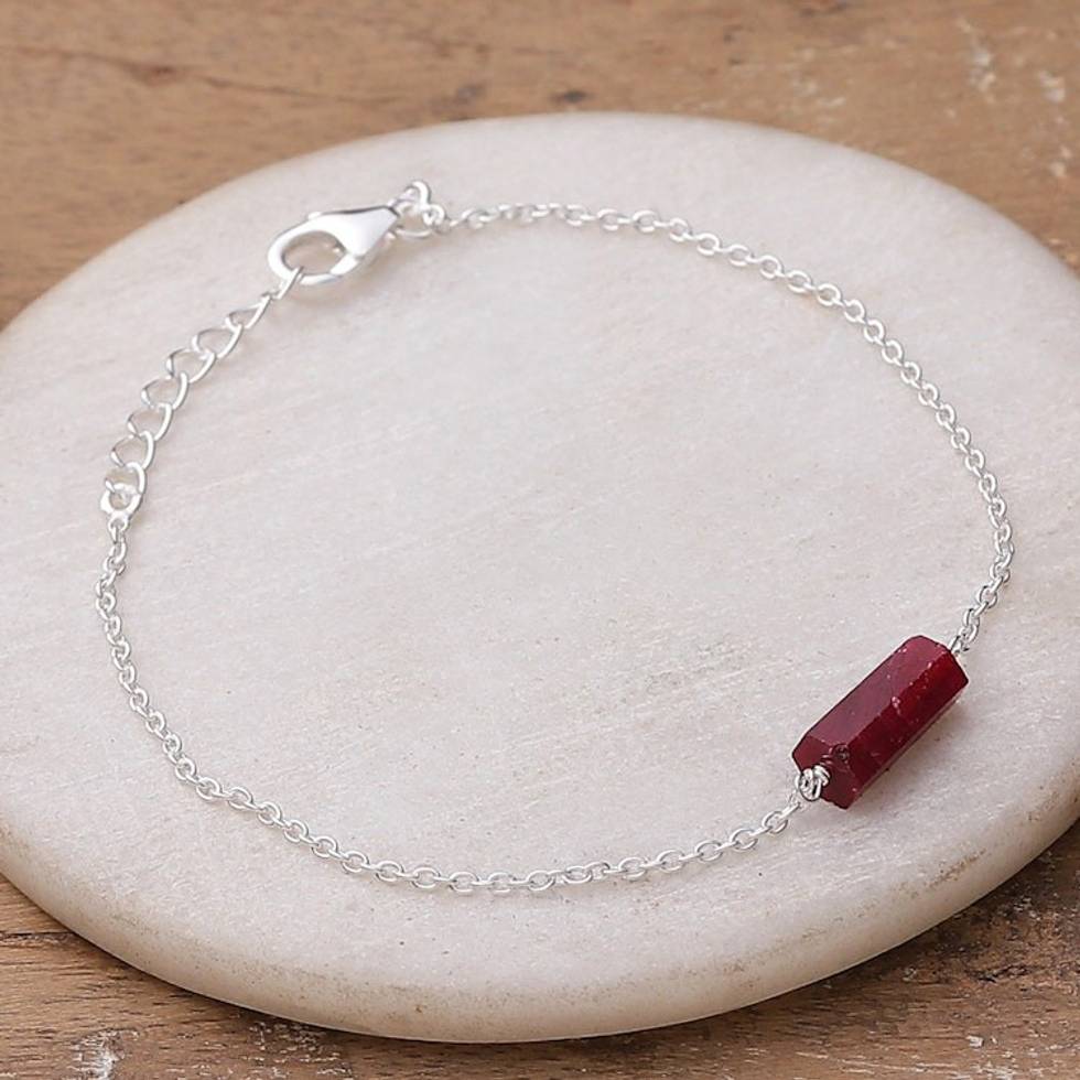 Indian-Made Modern Ruby and Sterling Silver Pendant Bracelet 'Ruby Allure'