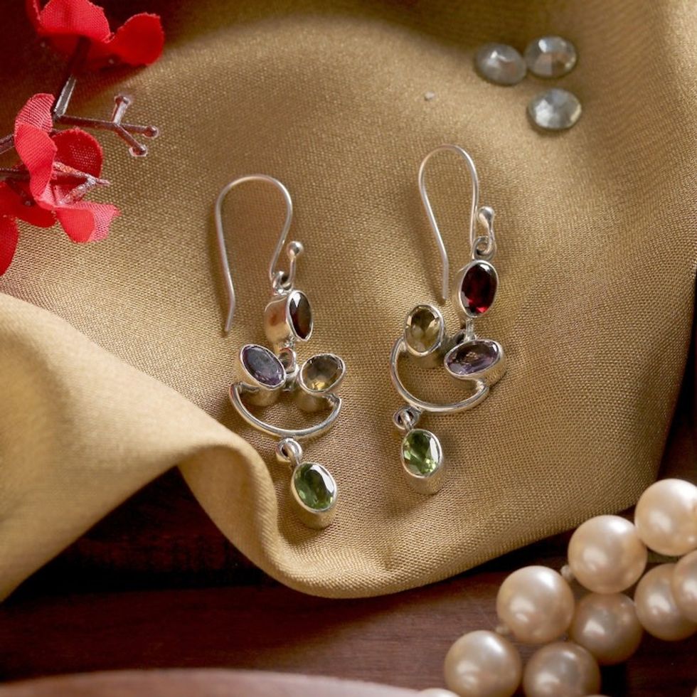 Two-Carat Faceted Multi-Gemstone Dangle Earrings from India 'Rainbow Cheers'