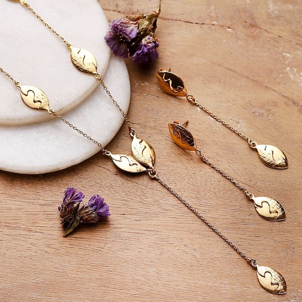 Leaf-Themed Brass Y Necklace and Dangle Earrings Jewelry Set 'Empress of Nature'