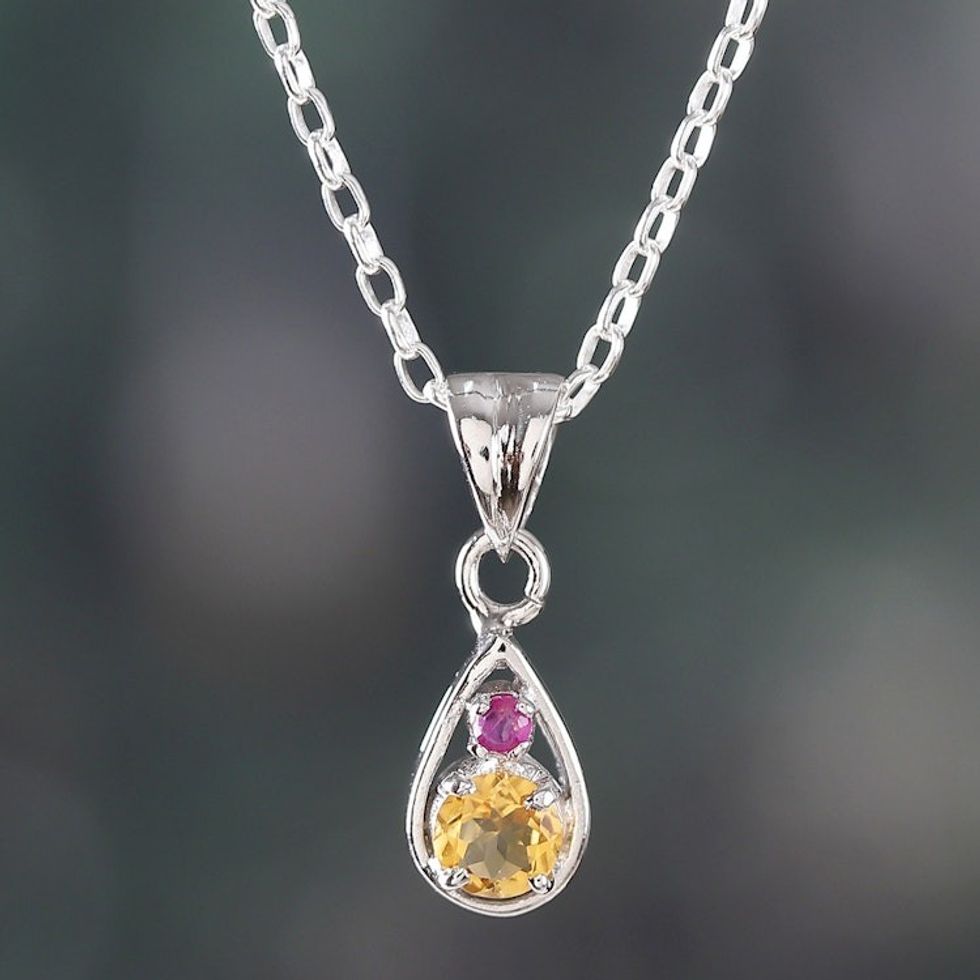 Faceted Round Citrine and Ruby Pendant Necklace from India 'Successful Caprice'