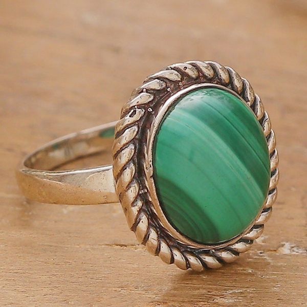Alternate image for Malachite Sterling Silver Single Stone Statement Ring Verdant Classic
