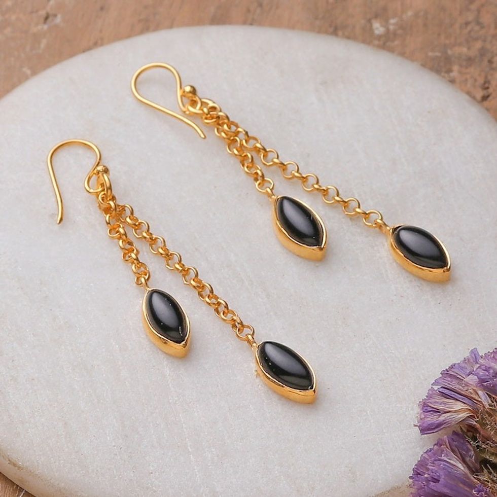 Black Onyx Gem Dangle Earrings Bathed in 22k Gold Plating 'Midnight Gala Seeds'