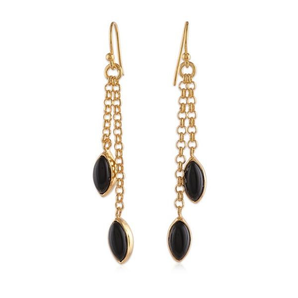 Alternate image for Black Onyx Gem Dangle Earrings Bathed in 22k Gold Plating Midnight Gala Seeds