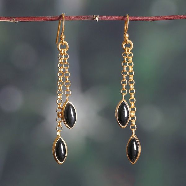Alternate image for Black Onyx Gem Dangle Earrings Bathed in 22k Gold Plating Midnight Gala Seeds