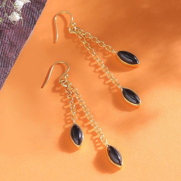 Alternate image for Black Onyx Gem Dangle Earrings Bathed in 22k Gold Plating Midnight Gala Seeds