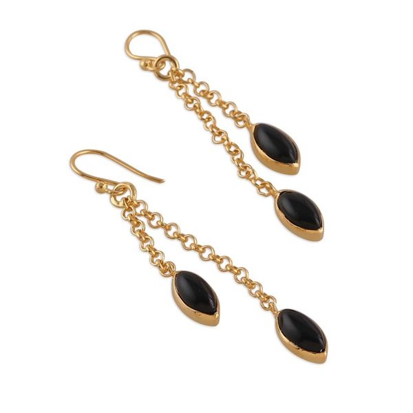 Alternate image for Black Onyx Gem Dangle Earrings Bathed in 22k Gold Plating Midnight Gala Seeds