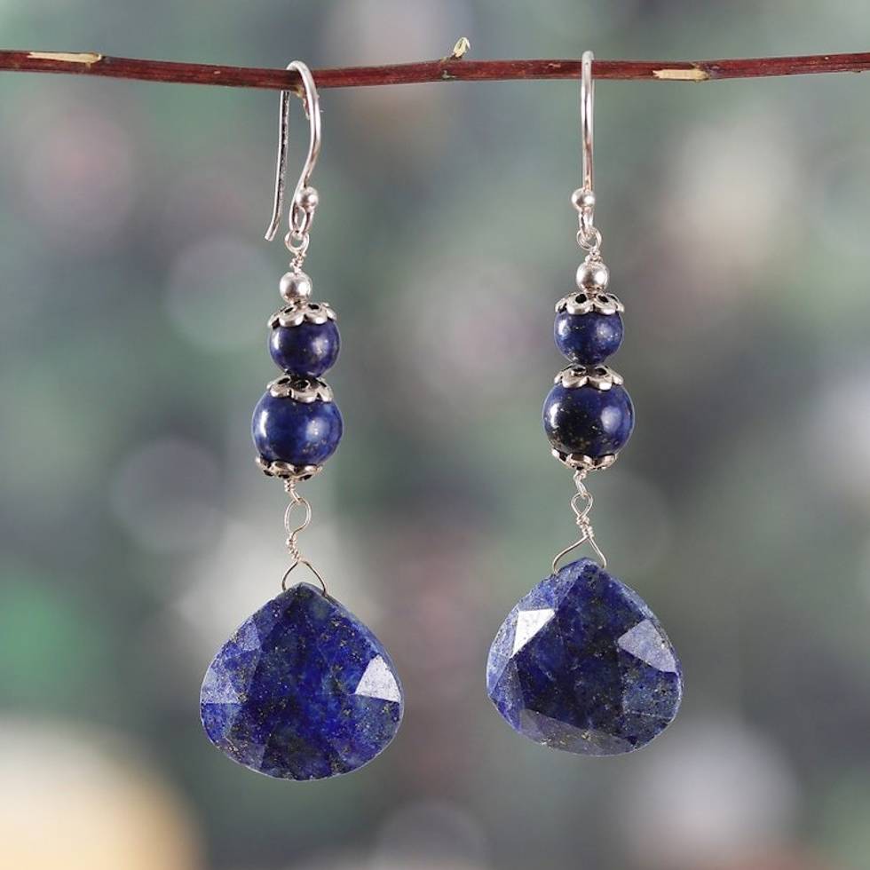 Sterling Silver and Lapis Lazuli Dangle Earrings from India 'Blue Liaison'