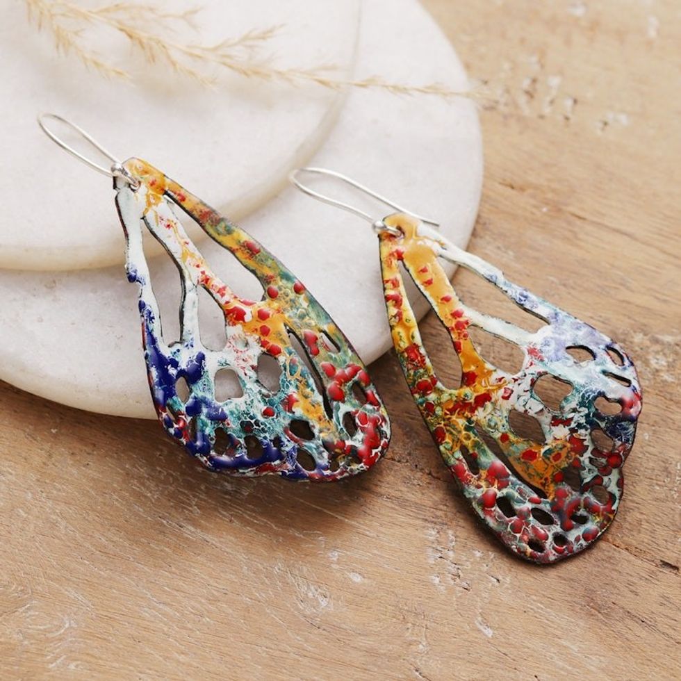 Vitreous Enamel on Copper Butterfly Wings Dangle Earrings 'Vibrant Wings'