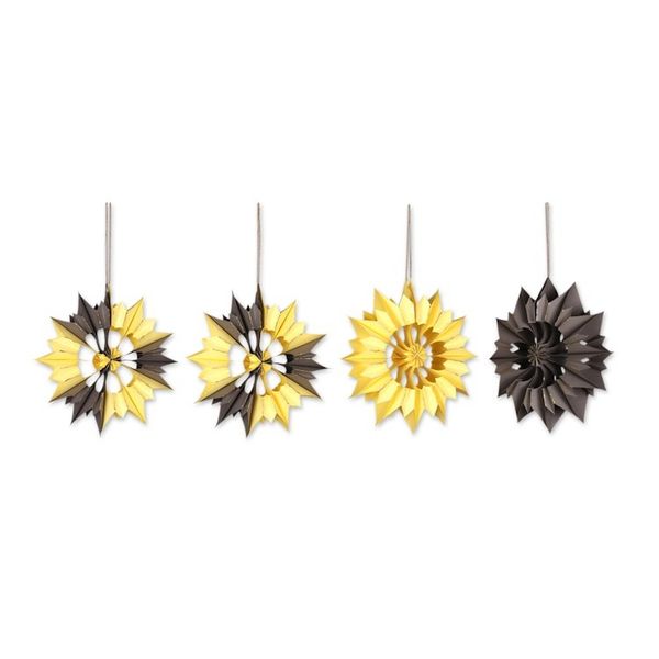 Alternate image for Classic Set of 4 Glittering Black and Yellow Paper Ornaments Solar Blossoms