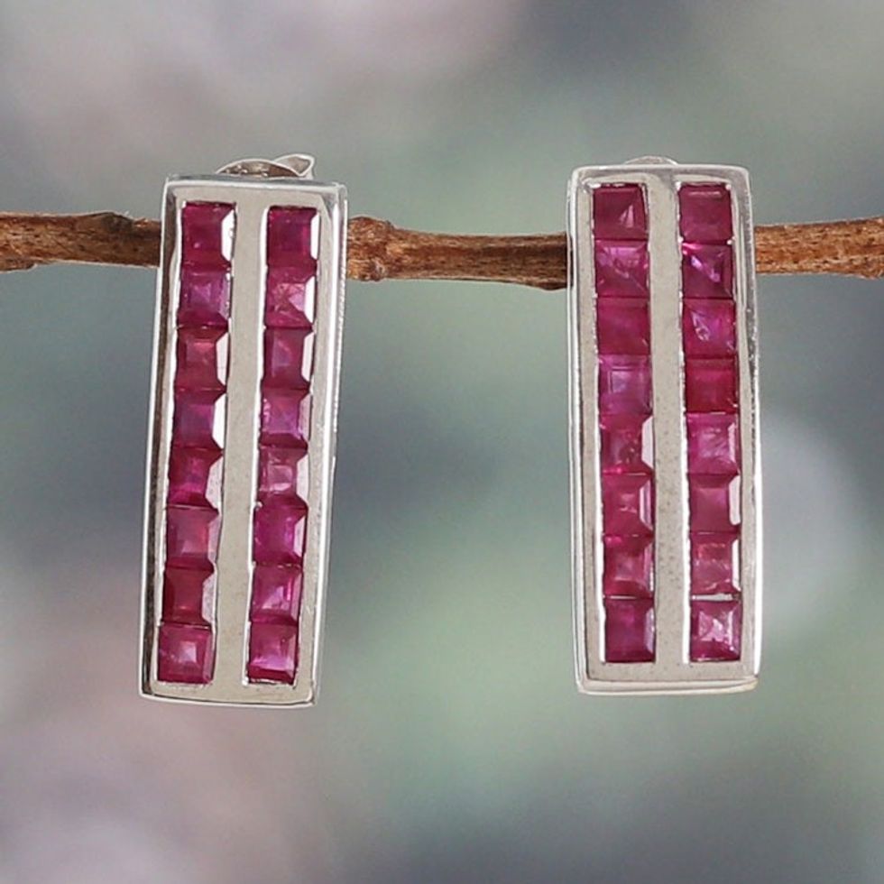 Artisan-Made Rhodium-Plated One-Carat Ruby Drop Earrings 'Path to Love'