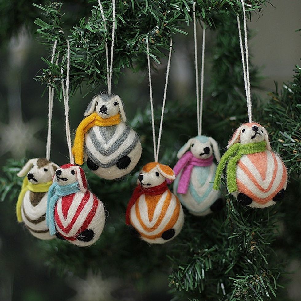 Dog-Themed Set of 6 Wool Felt Bauble Ornaments Made in India 'Bauble Dogs'