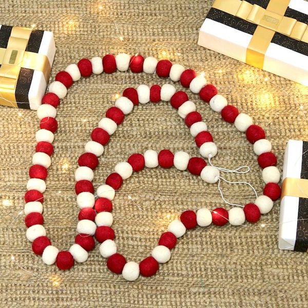 Alternate image for Christmas Tree Wool Felt Garland in Red and Ivory Shades Holiday Pompoms