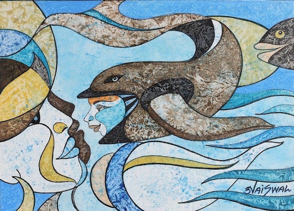Blue-Toned Acrylic on Canvas Painting of Matsya from India 'Celestial Matsya'