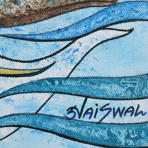Alternate image for Blue-Toned Acrylic on Canvas Painting of Matsya from India Celestial Matsya