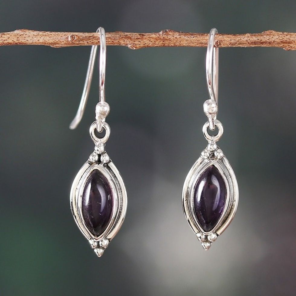 Silver Dangle Earrings with Marquise-Shaped Amethyst Stones 'Purple Flare'