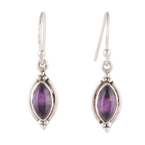 Alternate image for Silver Dangle Earrings with Marquise-Shaped Amethyst Stones Purple Flare