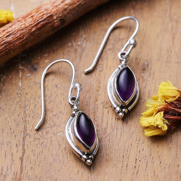 Alternate image for Silver Dangle Earrings with Marquise-Shaped Amethyst Stones Purple Flare