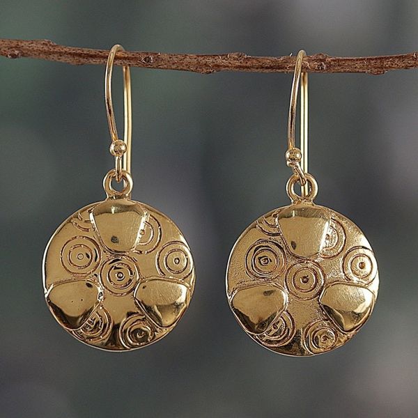 Alternate image for Brass Dangle Earrings with Engraved Patterns from India Symphony of Balance
