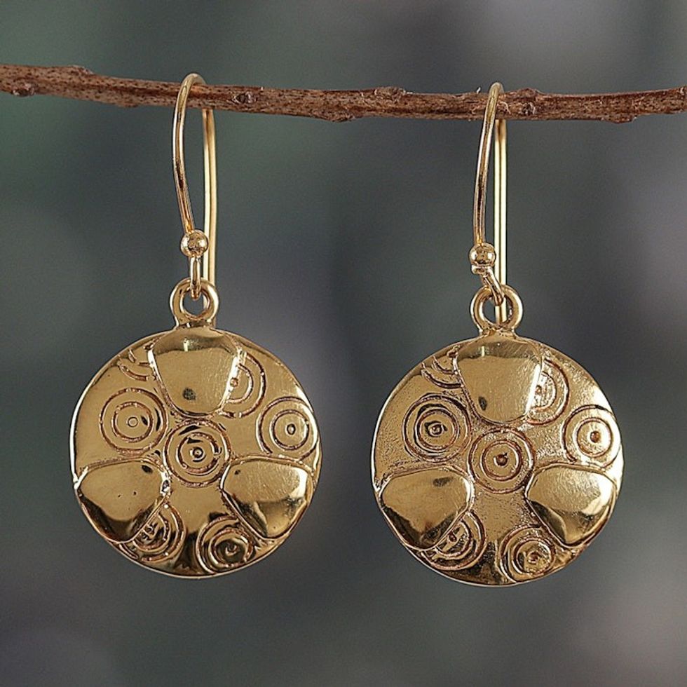 Brass Dangle Earrings with Engraved Patterns from India 'Symphony of Balance'