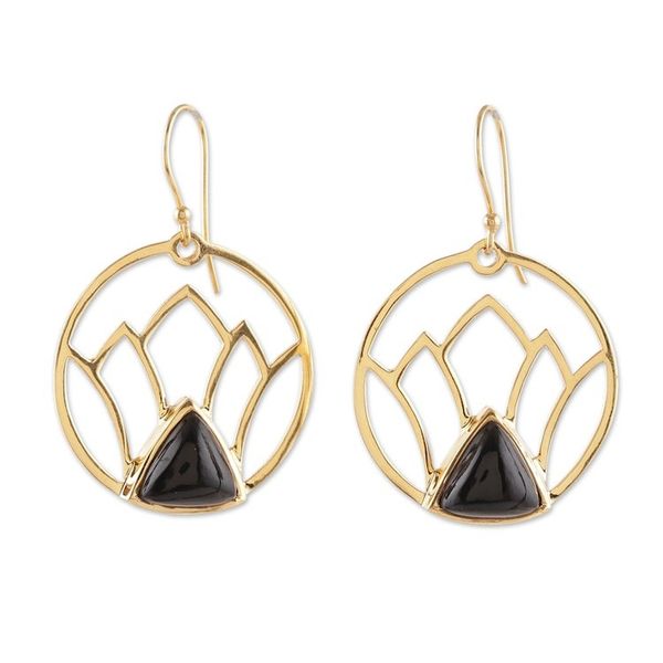 Alternate image for Lotus-Themed Brass and Black Onyx Dangle Earrings from India Lotus Night
