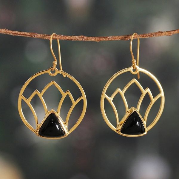 Alternate image for Lotus-Themed Brass and Black Onyx Dangle Earrings from India Lotus Night