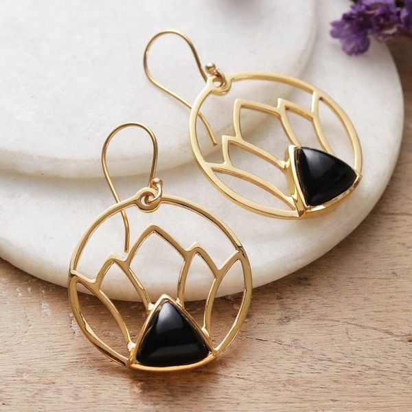 Alternate image for Lotus-Themed Brass and Black Onyx Dangle Earrings from India Lotus Night