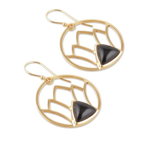 Alternate image for Lotus-Themed Brass and Black Onyx Dangle Earrings from India Lotus Night