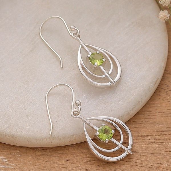 Alternate image for Silver Dangle Earrings with Faceted Round Peridot Gemstones Sublime Green
