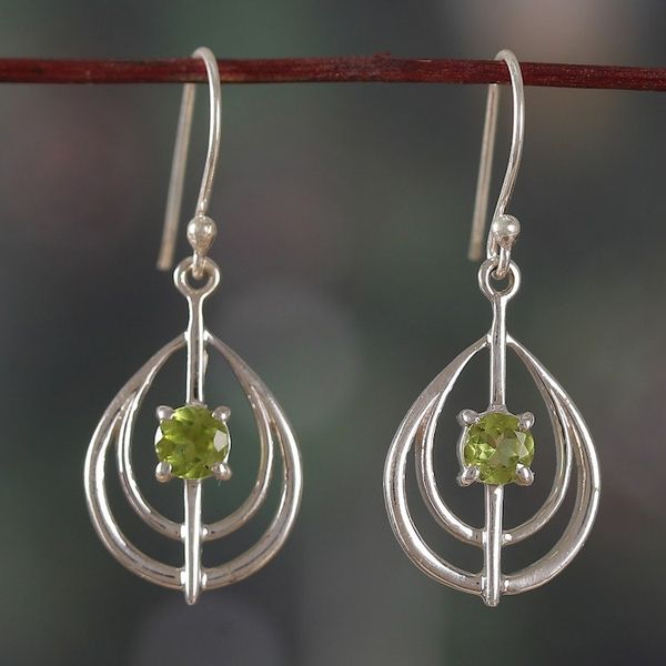 Alternate image for Silver Dangle Earrings with Faceted Round Peridot Gemstones Sublime Green