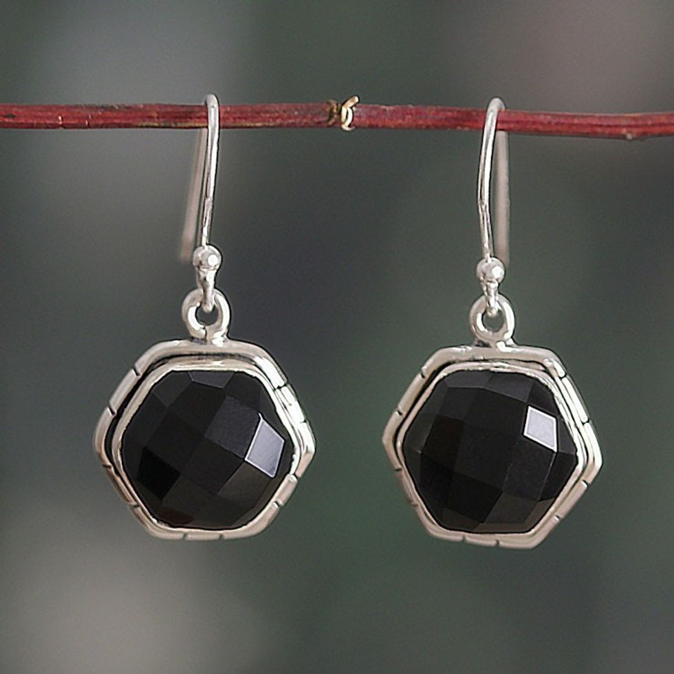 Artisan-Made Checkerboard-Cut 6-Carat Onyx Dangle Earrings 'Mystical Harmony'