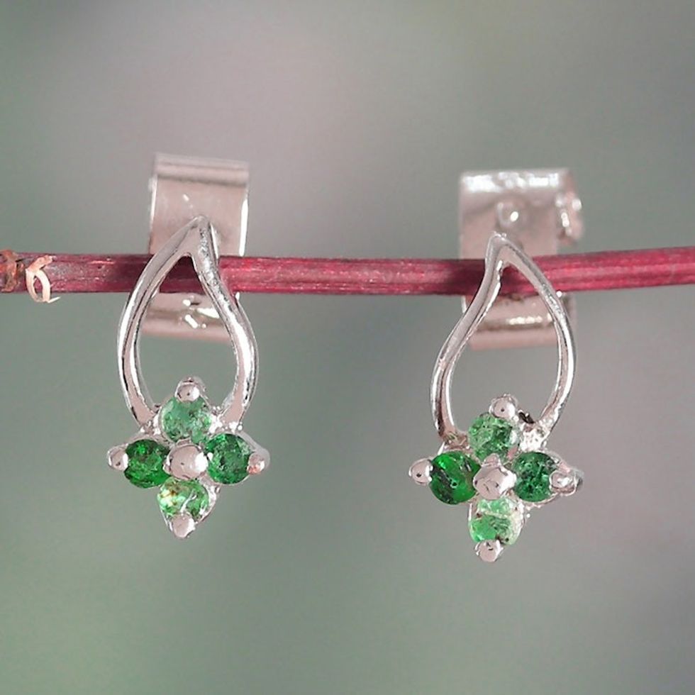 Floral Sterling Silver Drop Earrings with Emerald Gemstones 'Spring of Glamour'