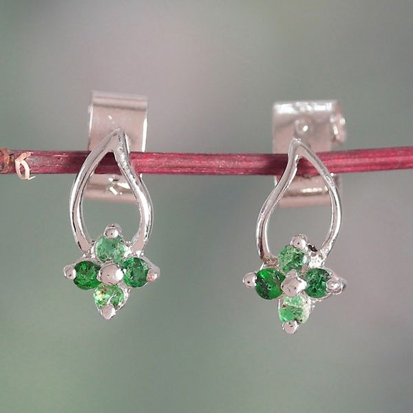 Alternate image for Floral Sterling Silver Drop Earrings with Emerald Gemstones Spring of Glamour