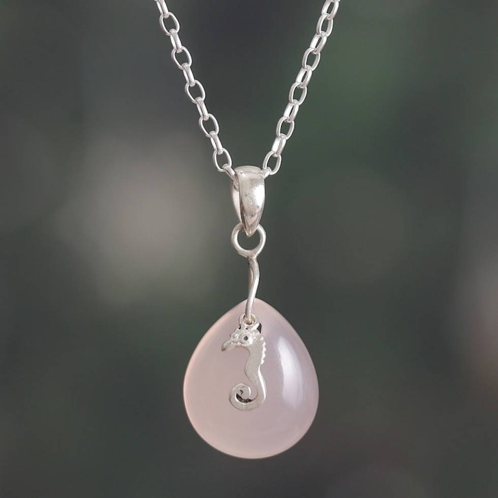 Seahorse-Themed Drop-Shaped Pink Chalcedony Pendant Necklace 'Serene Tides'