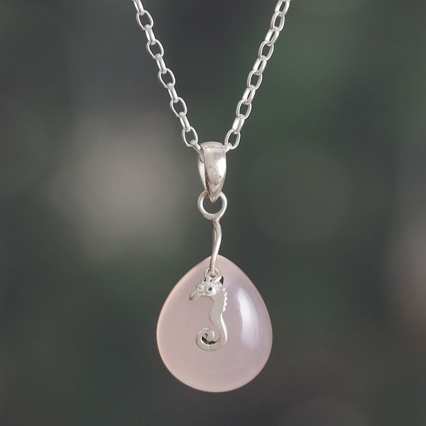 Alternate image for Seahorse-Themed Drop-Shaped Pink Chalcedony Pendant Necklace Serene Tides