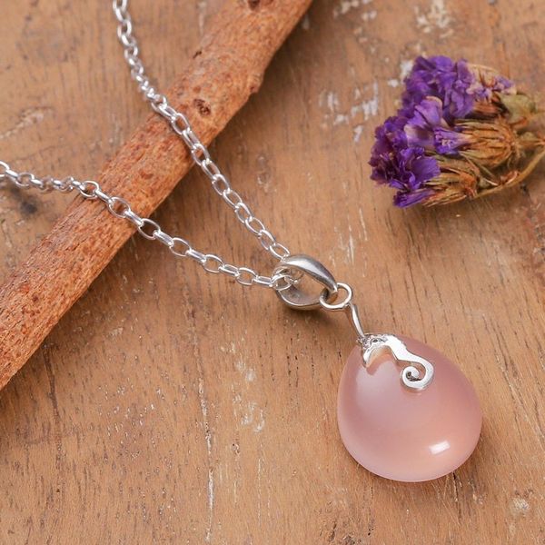 Alternate image for Seahorse-Themed Drop-Shaped Pink Chalcedony Pendant Necklace Serene Tides